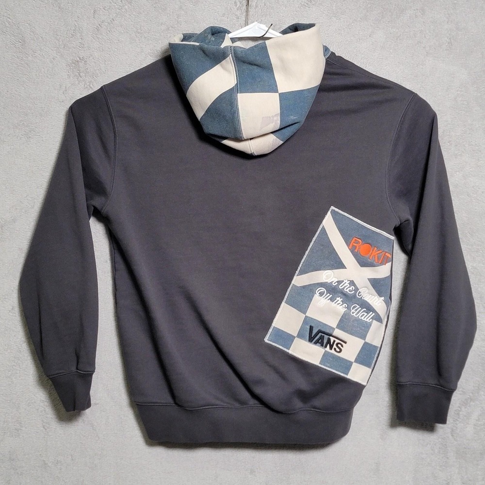 Vans x ROKIT Hoodie Mens Small Gray Checkerboard Pullover Patchwork Skater